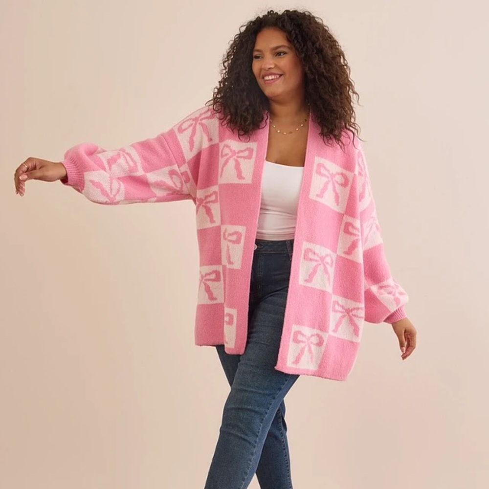 Altar'd State Pink and White Bow Oversized Cardigan
